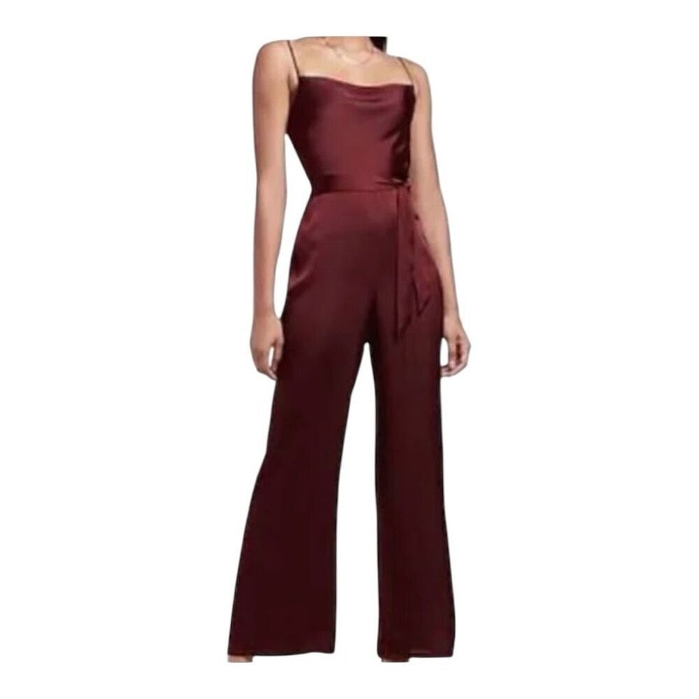 Express bordeaux cowl neck satin jumpsuit wine M adjustable straps w belt